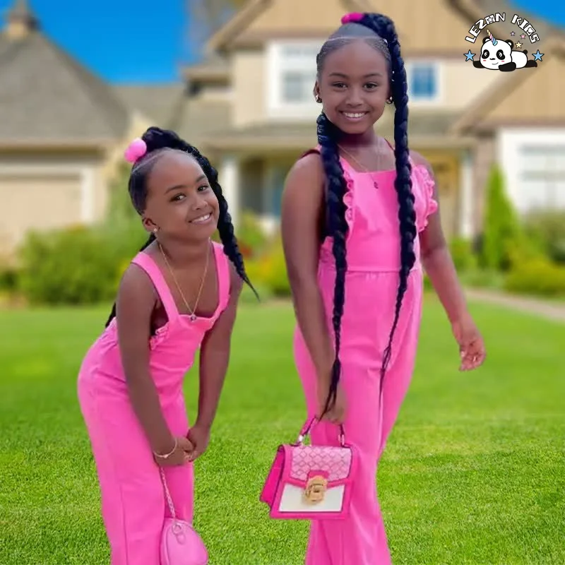 LEZONKIDS - New fashion Solid color drawstring pleated micro flare jumpsuit girls clothes set in summer
